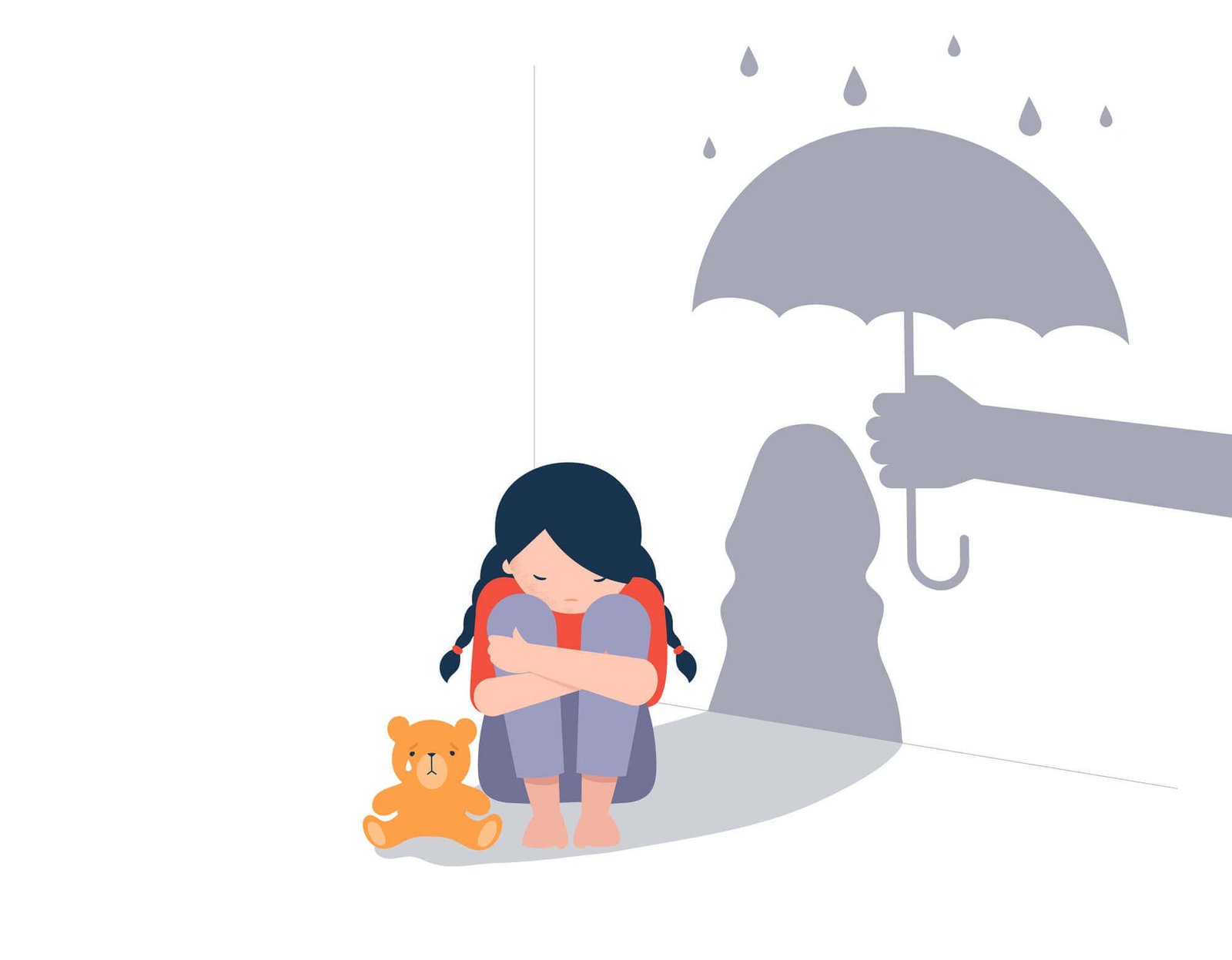 Sad child with teddy bear under umbrella, symbolizing support for child sexual abuse survivors.