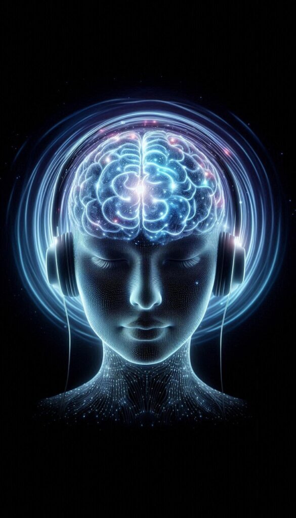 Person wearing headphones, brain illuminated with light, representing neurofeedback